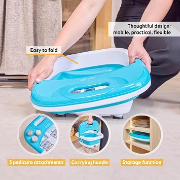 TZS First Austria - Foldable Foot spa Foot Massager 450W with 3 attachments & 8 Massage Rollers - Foot Bath with Vibration & air Bubble Massage, Infrared & Heating Function - Electric Pedicure tub