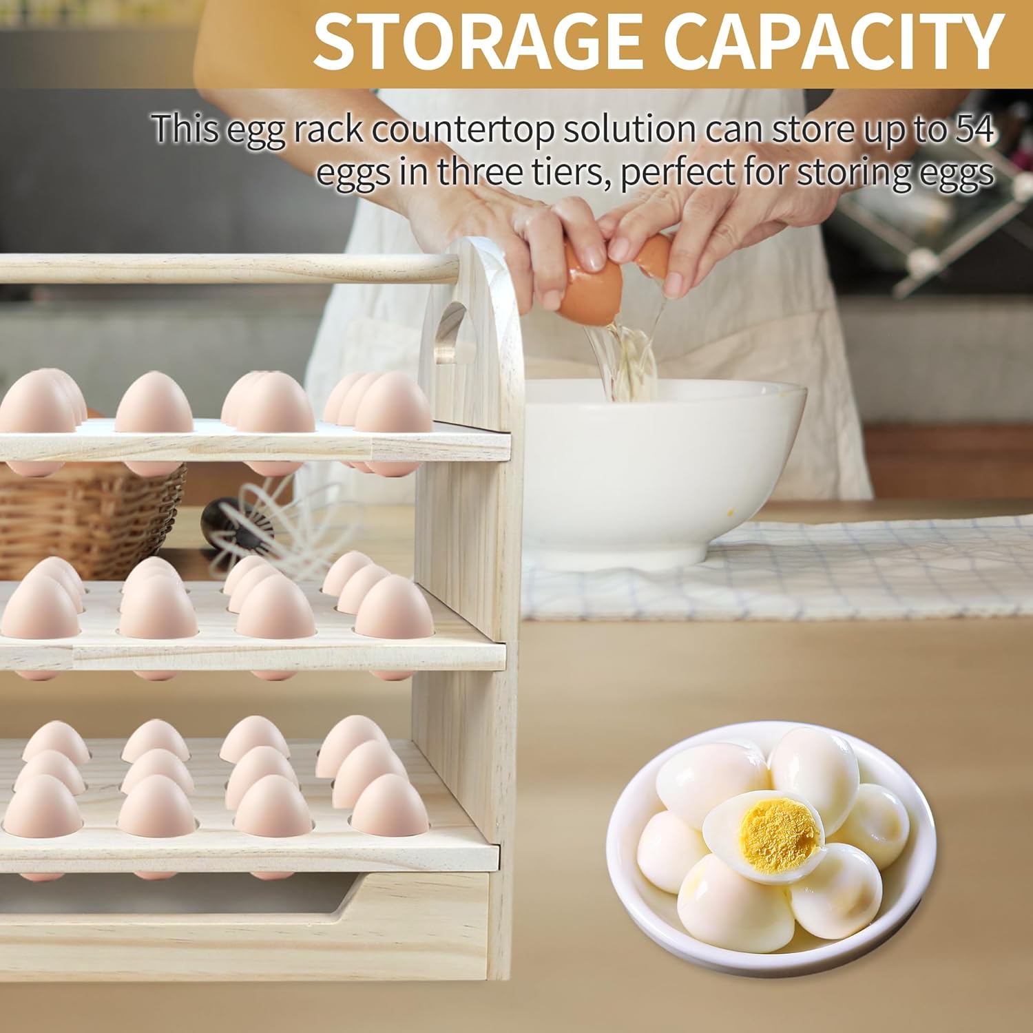 Wooden Egg Holder Countertop with Handle 3-tire Wooden Egg Tray Holds 54 Eggs Detachable Egg Storage Rack for Kitchen Farmhouse Decor