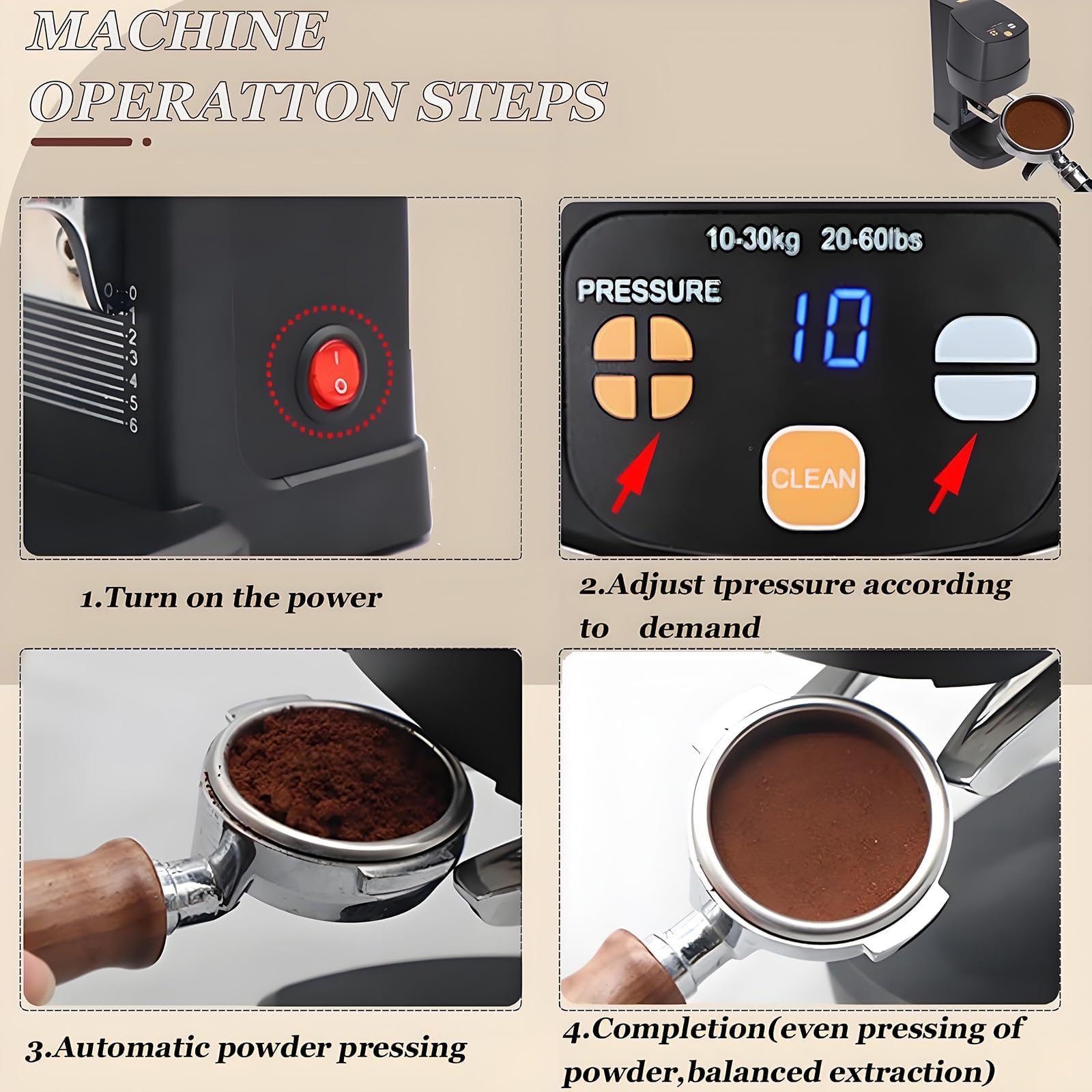 Elektryczny Tamper Do Kawy, Automatyczny Tamper Do Espresso Z Funkcją Czyszczenia I Regulowanym Stojakiem, Regulowany Nacisk 10–30 kg, Profesjonalna Prasa Do Kawy Mielonej Do Kawiarni black Threaded