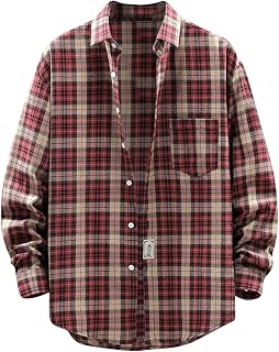Men's Hawaiian Floral Shirts Cotton Linen Button Down Tropical Holiday Beach Shirts Plaid Button Down Blouses Casual Long Sleeve Lapel Plaid Print Warm Tops Business Cotton T-Shirts for Men Turn