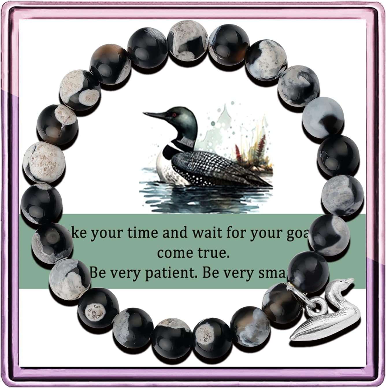 Loon Bracelet Loon Charm Black Agate Bracelet Loon Bracelet Loon Bird Lover Bird, Small, silver