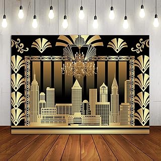 Roaring 20's 20s Themed Backdrop 5x3ft Vintage Dance Black Gold Art Event Decoration Birthday Wedding Party Decoration Photo Background Booth Banner Supplies