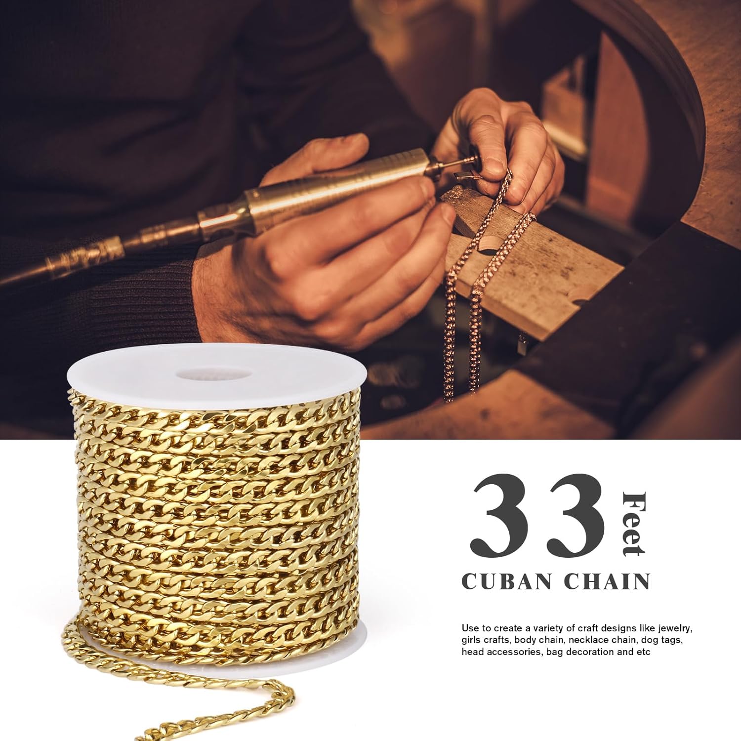 33FT 18K Gold PVD Plated Curb Chains Spool, 4.5mm Stainless Steel Cuban Link Chain Roll Bulk for Jewelry Making Necklace Bracelet - Image 2