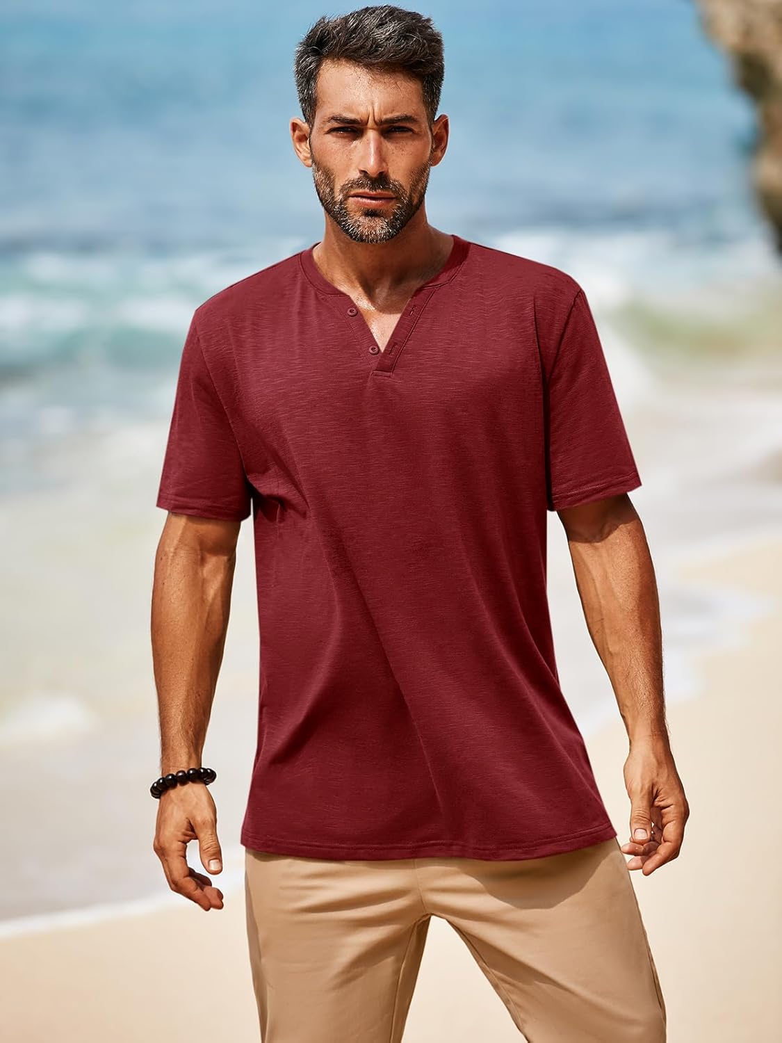 Runcati Mens Casual T Shirts Short Sleeve V Neck Linen Henley Shirt Button Basic Fashion Summer Beach Tee Tops - Image 2