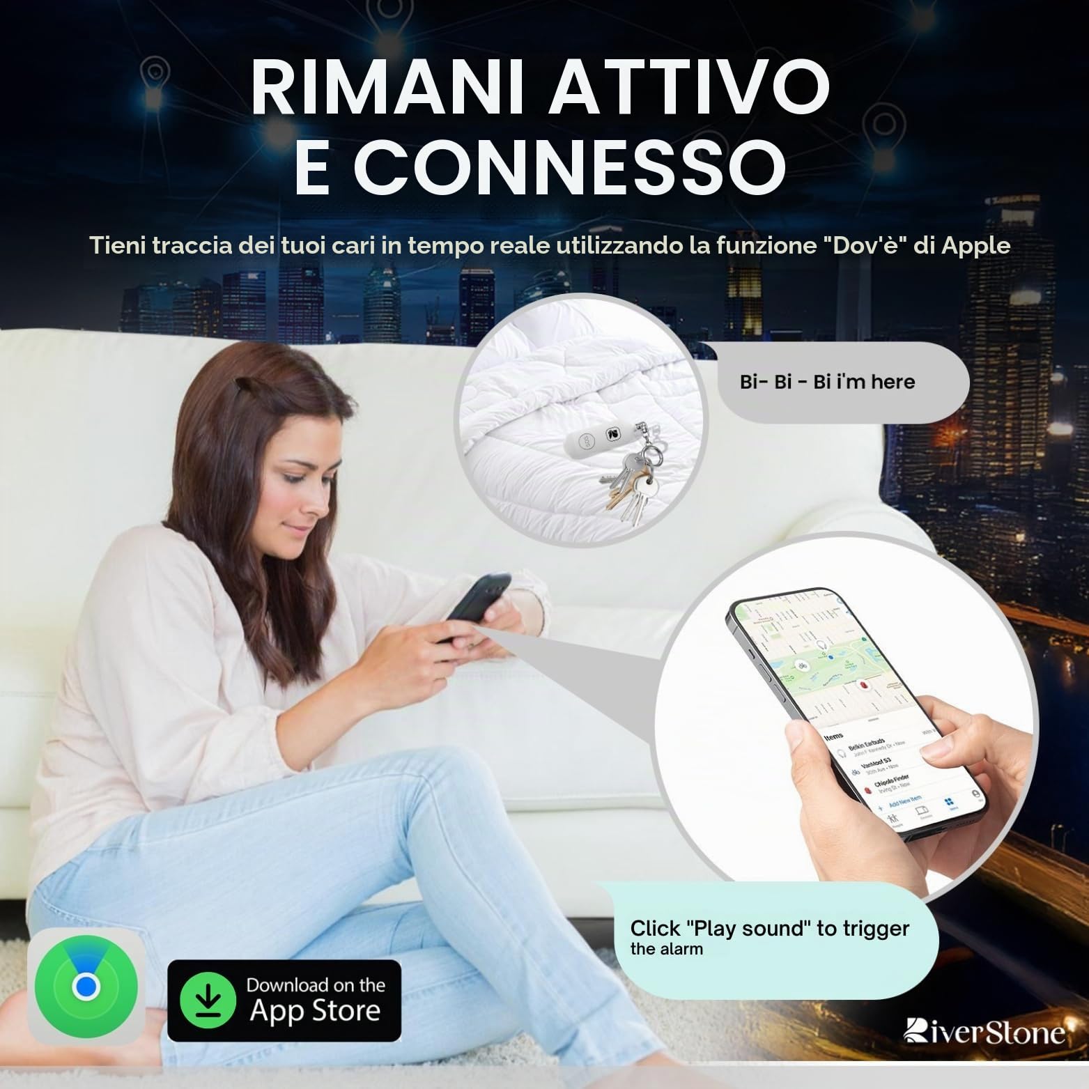 River Stone Allarme di Sicurezza Personale 130dB per Apple FindMy iOS (14.5+) Porta Chiavi Localizzatore Anti-aggressione, Sirena di Emergenza per Donna Bambino Anziano, Localizzazione, Auto-difesa