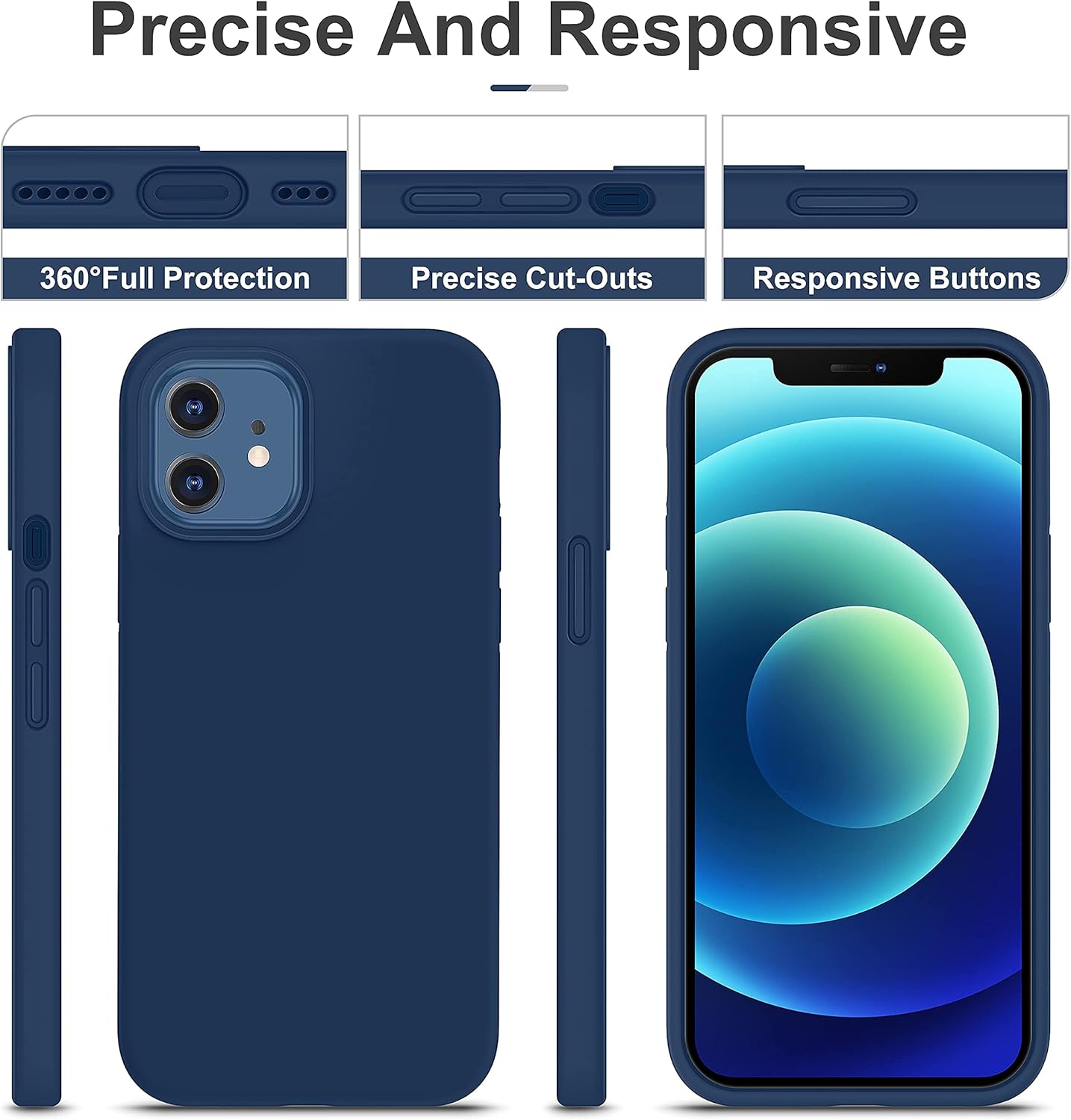CellEver Heavy-Duty Silicone Case for iPhone 12/12 Pro - Two Shatterproof Glass Screen Protectors, Military Drop Protection, Scratch-Free Interior, Navy Blue