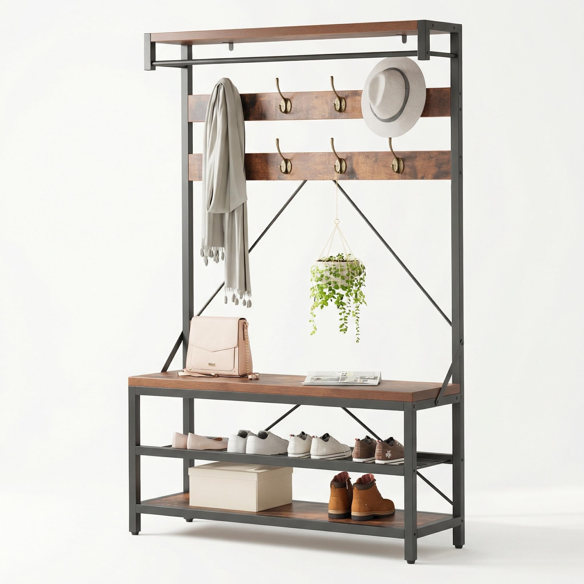 Zstar Perchero Con Banco Zapatero, 183 cm De Alto, Con Estante y Ganchos Para La Zona De Entrada, Extraíble, Diseño Industrial, Estructura De Metal