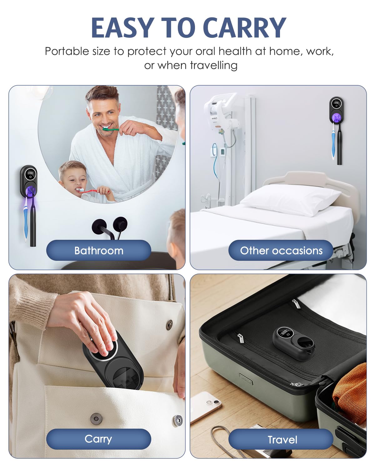 Soporte desinfectante para cepillos de dientes, soporte para cepillo de dientes UV mejorado con modo dual de limpieza y secado al aire, pantalla inteligente LED, cubierta autoinductiva