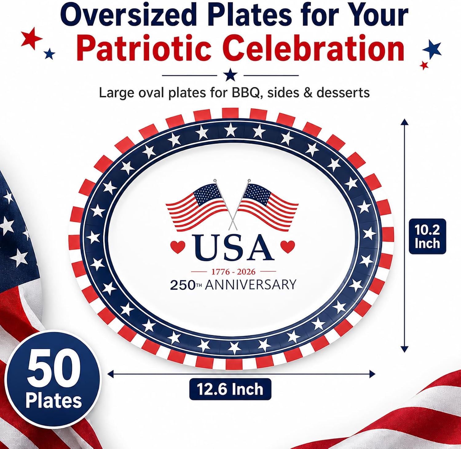 Tbsone 50-Count 250th Anniversary Disposable Paper Plates: Large Oval Heavy-Duty for 4th of July Party Supplies and Patriotic Red, White and Blue Table Decorations 1776-2026, 10.2 x 12.6 Inch