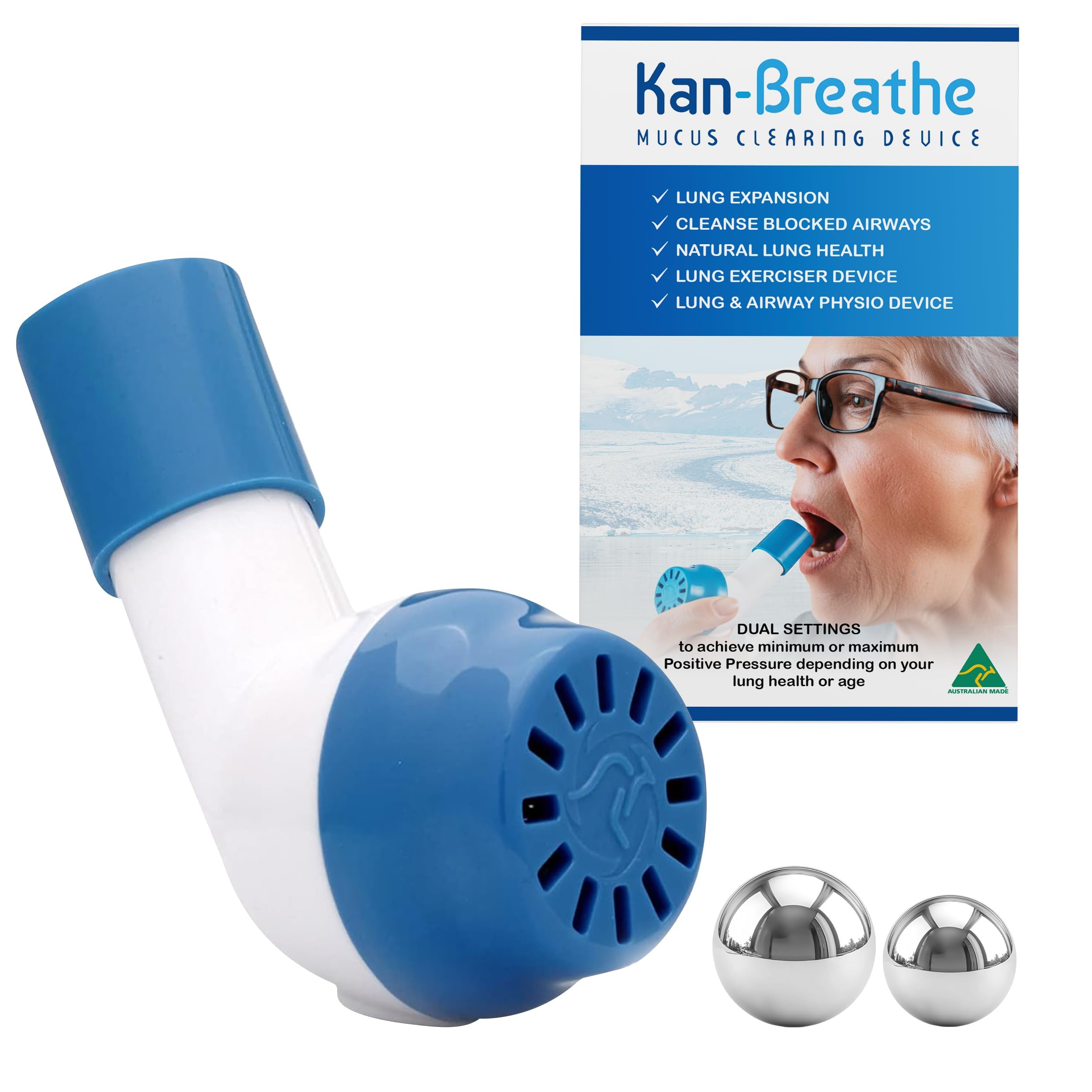 – Natural Lung Exerciser & Mucus Removal Device – OPEP Breathing Exercise Trainer for Airway Clearance & Lung Strength – Adjustable Resistance Steel Ball Bearings – Made in Australia – White