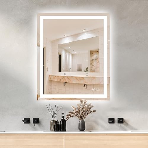 Espejo de baño LED de 30 x 36 pulgadas con luces regulables, espejo de tocador con luz antiniebla, frontal y retroiluminado, vidrio templado, 3