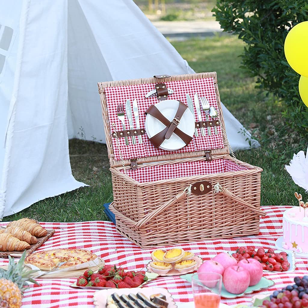 Cestino da Picnic Cestino da Picnic con Posate Tappetino da Picnic Grande Cestino da Picnic per 4 Persone Cestino da Picnic con Manici Pieghevoli (Color : Natural, Size : 46 * 31 * 28cm) (Natural 46