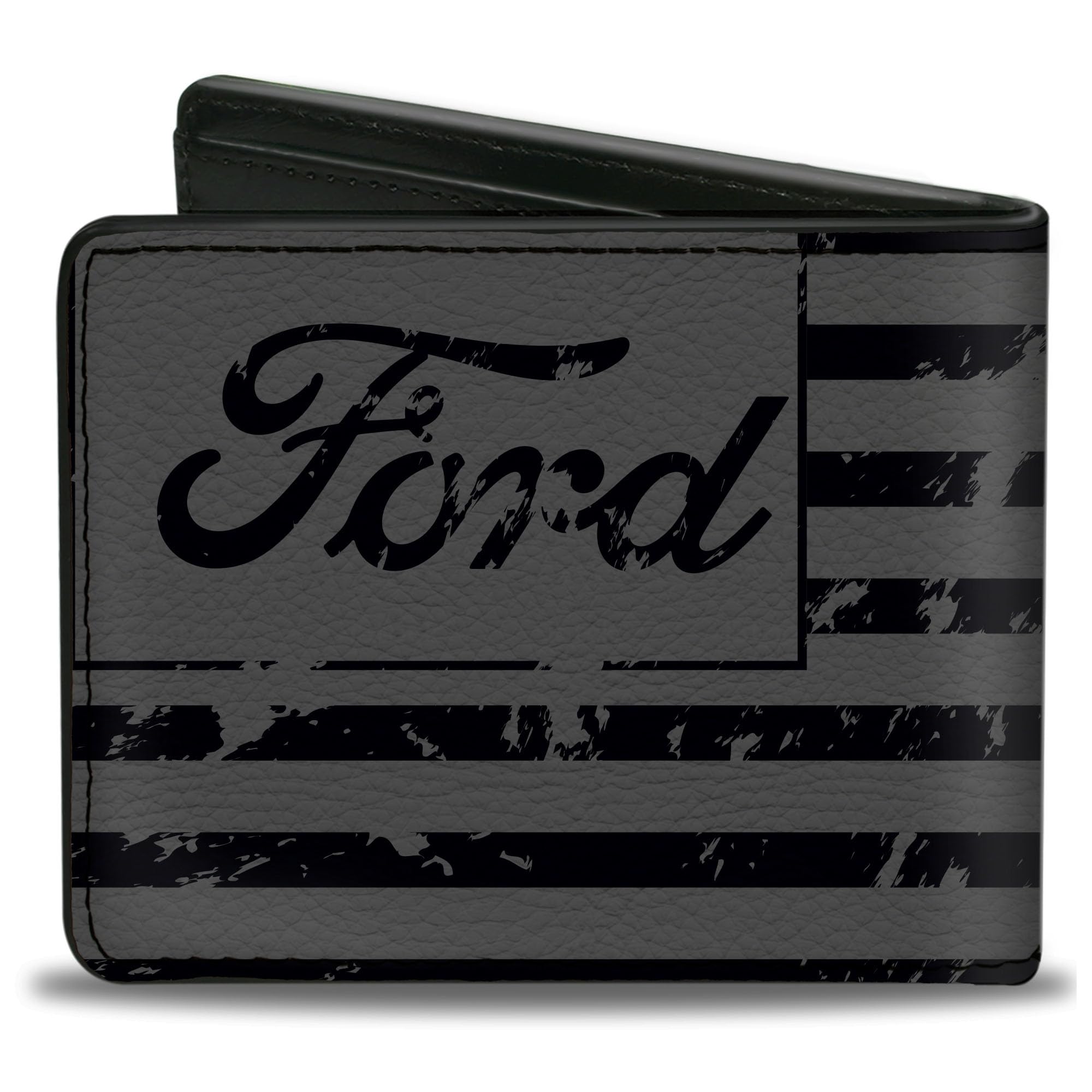 Buckle-Down Men's Ford Wallet, Bifold, Script Americana Flag Weathered Gray Black, Vegan Leather, 4.0