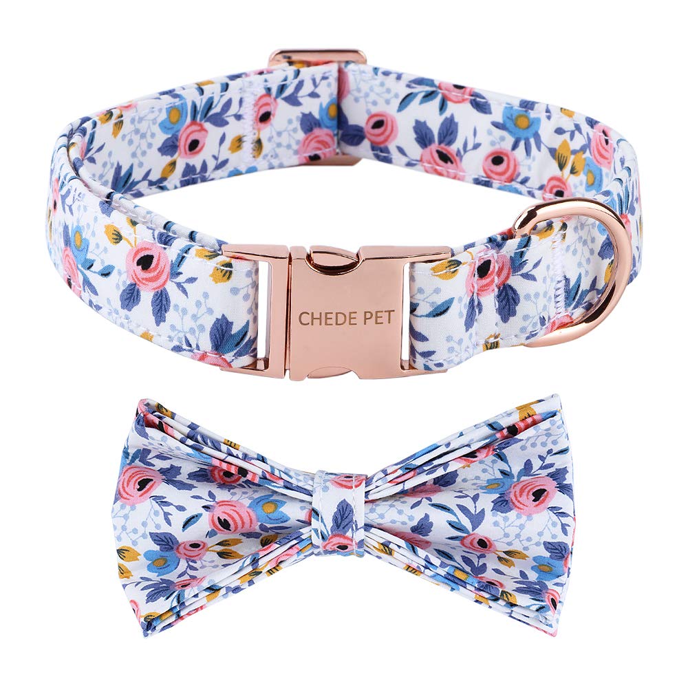 chede Soft &Comfy Bowtie Dog Collar,Cute Plaid Pet Gift for Dogs，Adjustable Dog Collars for Small Medium Large Dogs (S, Blue Flower)