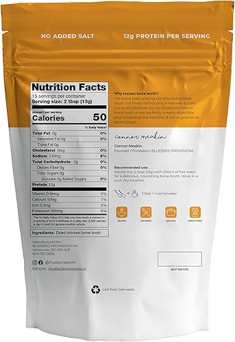Miniatura 7 de BLUEBIRD PROVISIONS Polvo de caldo de hueso de pollo - Polvo de proteína sabrosa baja en sodio - Polvo de proteína de carnívoro con 0.42 oz