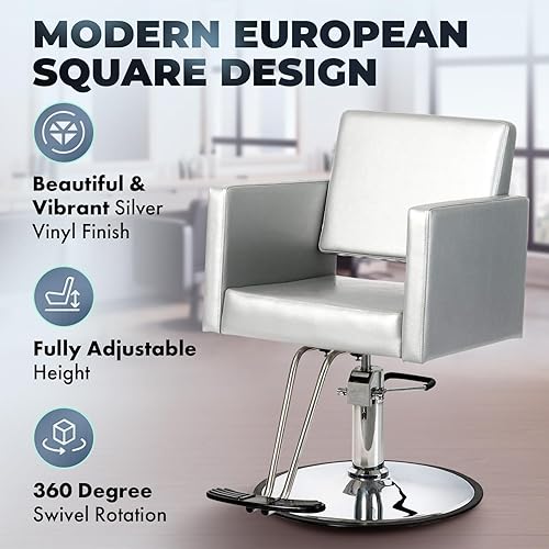 Miniatura 3 de Buy-Rite Argento - Silla de peluquería - Diseño cuadrado moderno, acabado de vinilo plateado, asiento extra ancho, marco resistente, bomba