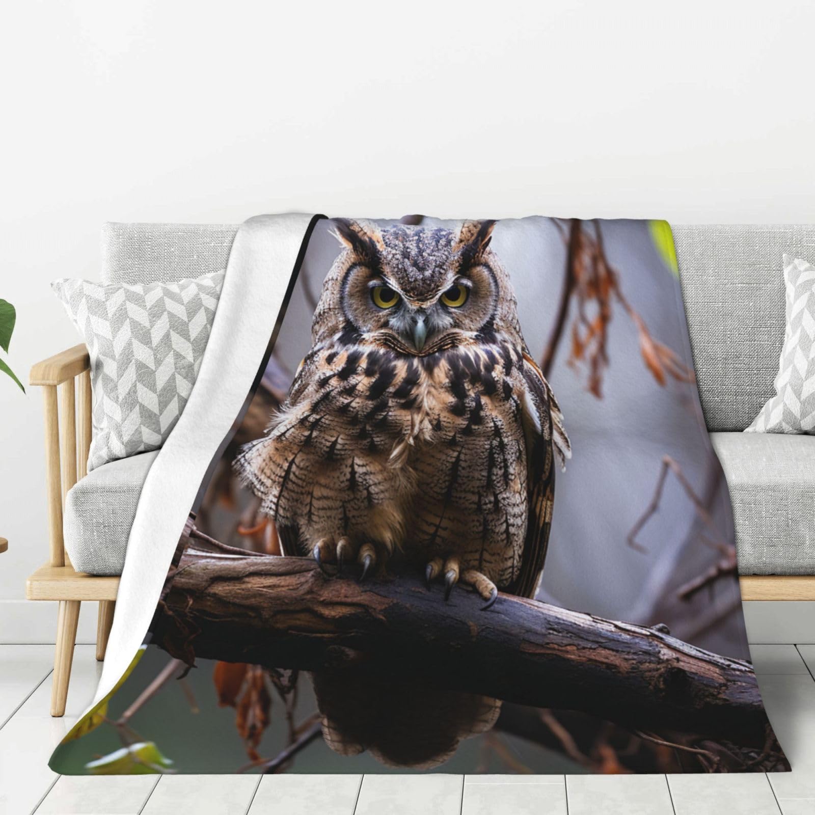 Owl On A Branch Throw Blanket Plush Flannel Fleece Blanket, Soft Lightweight Cozy Blankets 80"X60" for Bed Couch Sofa Travel