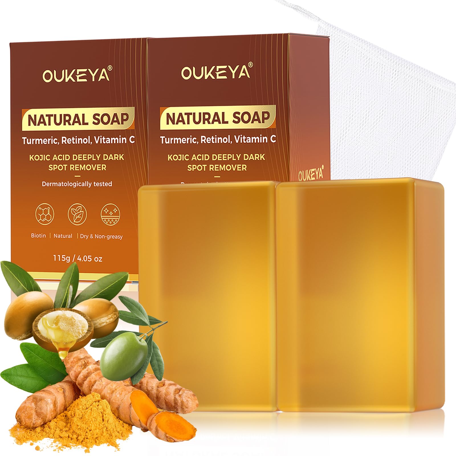 OUKEYA Kojic Acid & Turmeric Soap for Face & Body, Dark Spot Remover, Fades Acne Scars & Spots
