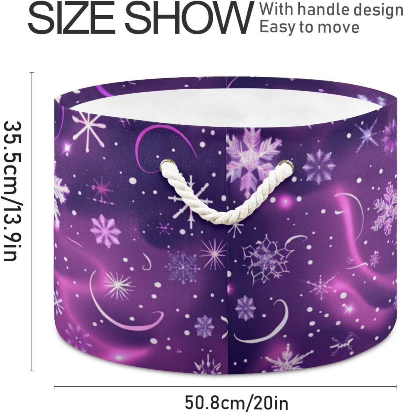 senya Christmas Basket Storage, Purple Pink Snowflakes Storage Bin Box Laundry Hamper Organizer Bag with Handles for Clothes