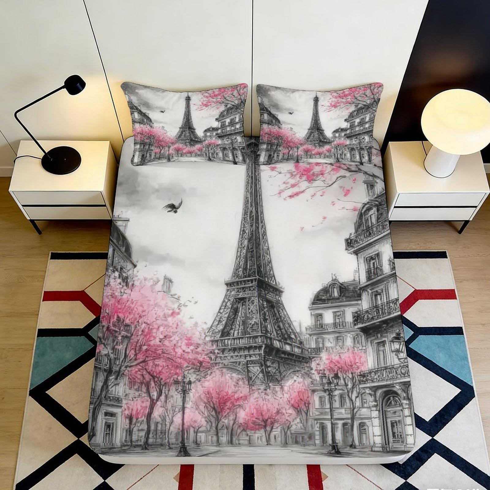 3D Printed Paris Eiffel Tower Fitted Sheet Microfiber Pink Blossom Mattress Cover Bedroom Decor Washable 90x200x25cm