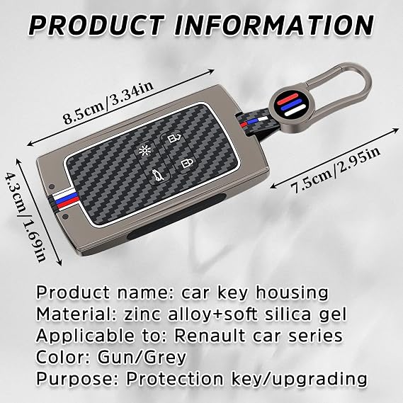 4 Buttons Renault Key Card Case, Car Key Cover Compatible with Renault Kadjar, Clio,Espace 5, Captur,Dacia, Luminous Effect Car Key Case with Keychain, Zinc Alloy Cover for Renault Key Fob (Grey)