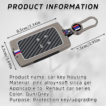 4 Buttons Renault Key Card Case, Car Key Cover Compatible with Renault Kadjar, Clio,Espace 5, Captur,Dacia, Luminous Effect Car Key Case with Keychain, Zinc Alloy Cover for Renault Key Fob (Grey)
