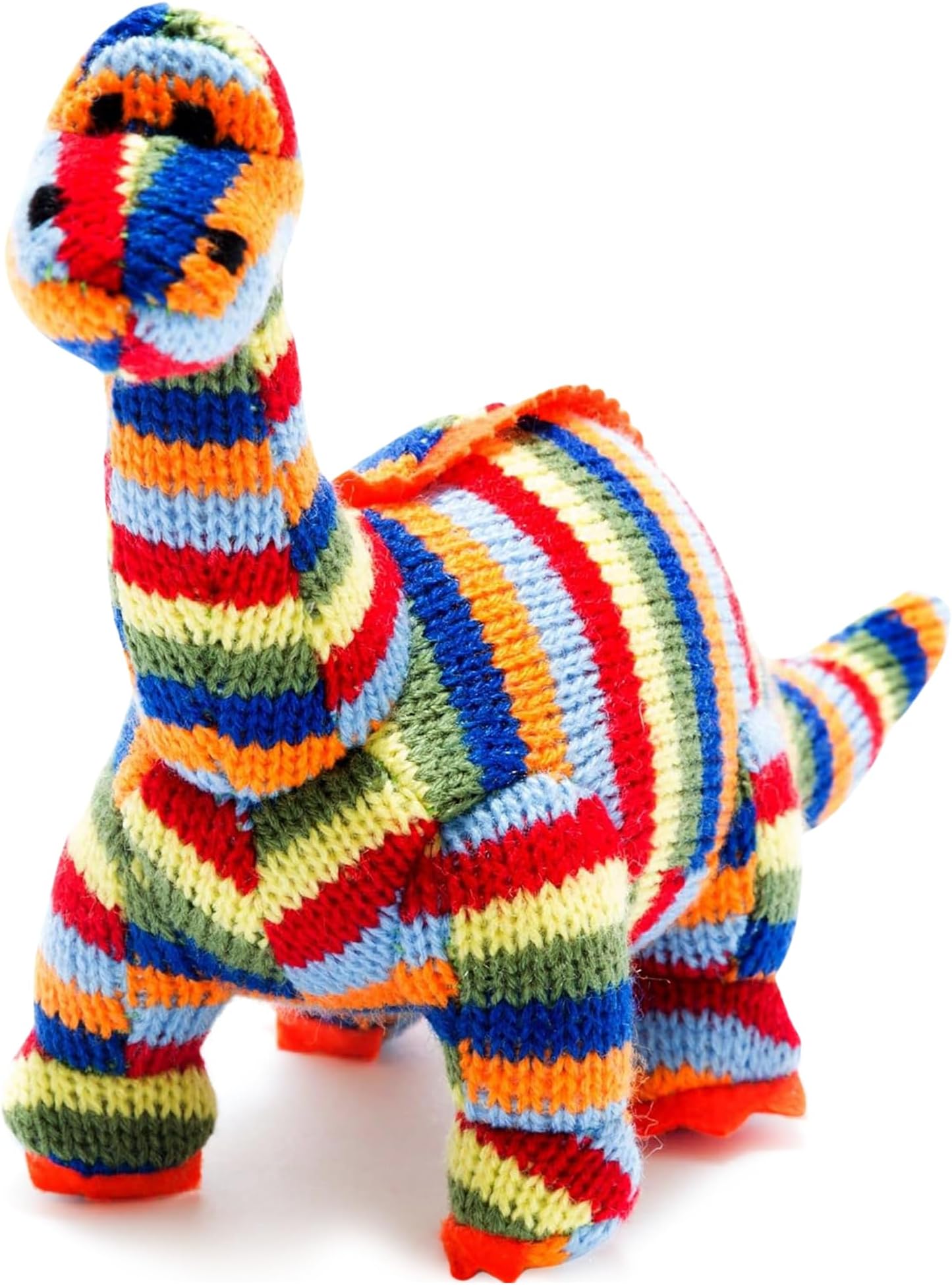 Best Years | Small Knitted Multi Striped Diplodocus Dinosaur Baby Rattle | Newborn & Baby Gift | Soft & Safe | Machine Washable | 15cm x 20cm | Suitable from Birth | Ethically Sourced
