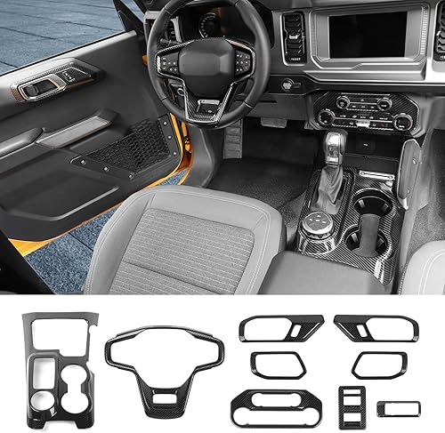 RAZPOY Kit interior para Bronco 9 piezas, cubierta de panel de palanca de cambios, borde del volante, cubierta de manija interior de puerta