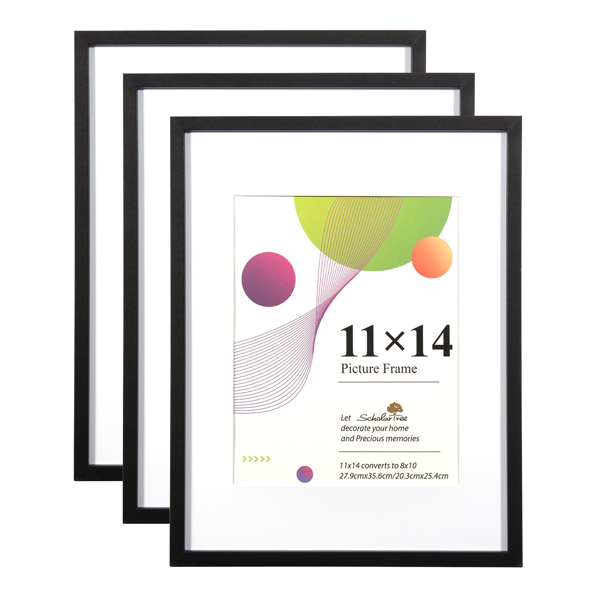 Scholar Tree 11x14 Black Frame, 3 Pack 11x14 Picture Frame, With Stand Tabletop or Wall Hanging, Wooden Photo Frames with 8x10 Mount โ image 1