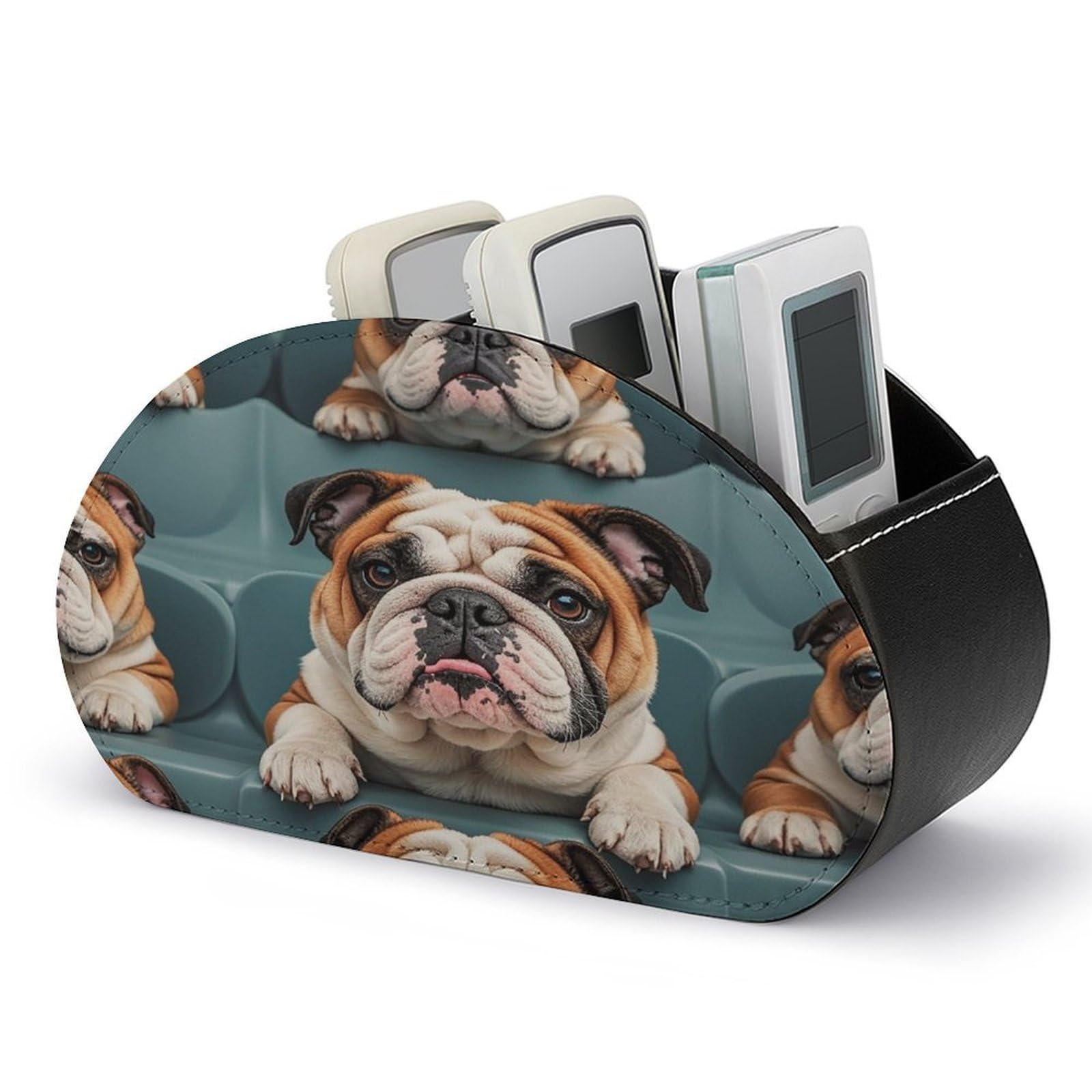 FekiLoot Funny English Bulldog TV Remote Control Holder with 5 Compartments Multi-functional Leather Bedside Table Remote Caddy Desktop Storage Box for Store Pen Controller Media Player Cosmetic