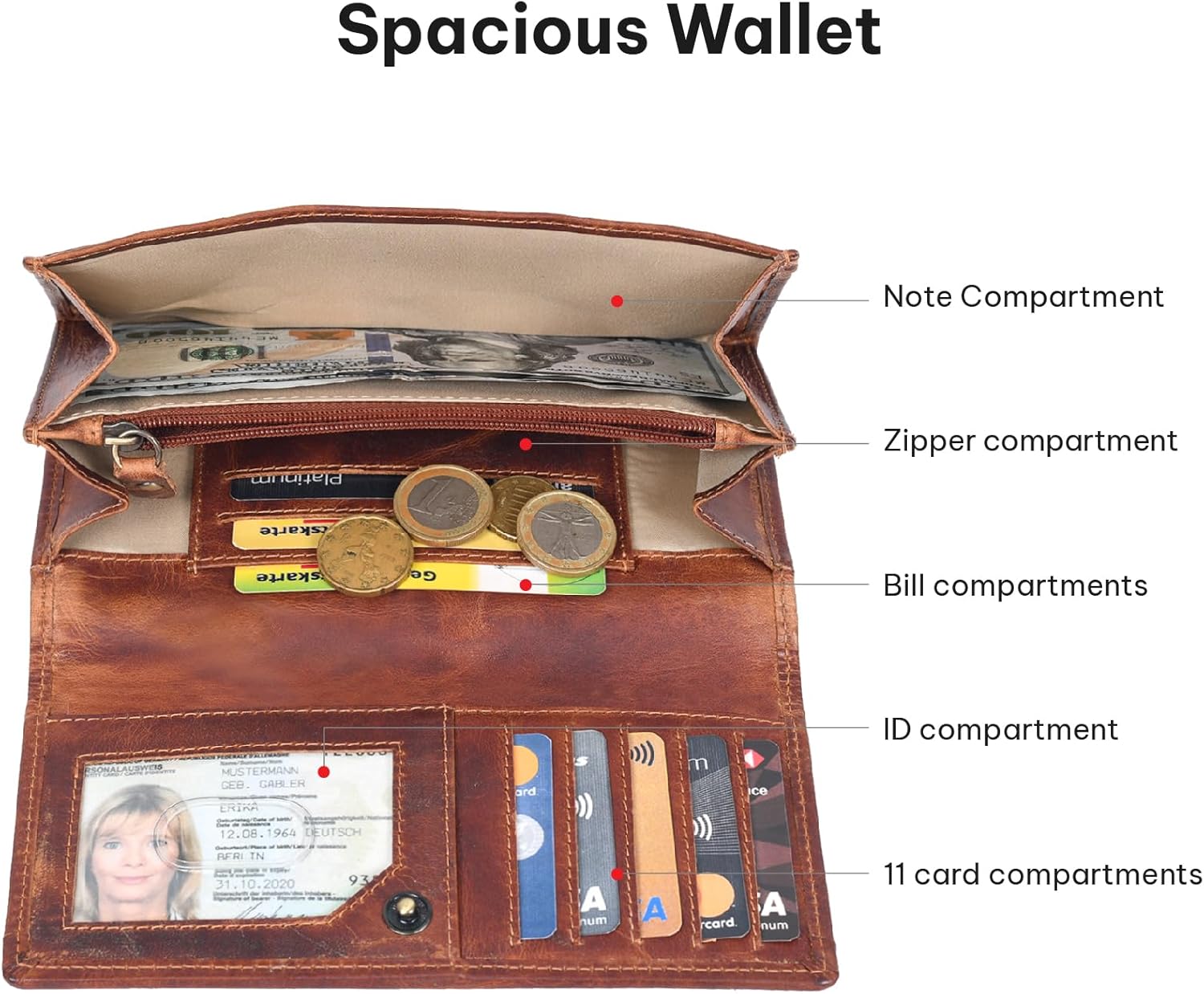 VALENCHI Women's Leather Wallet - RFID Blocking Wallet - Ladies Clutch Hand Purse With Card Holder Slots (Cognac Vintage LW06) - Image 3