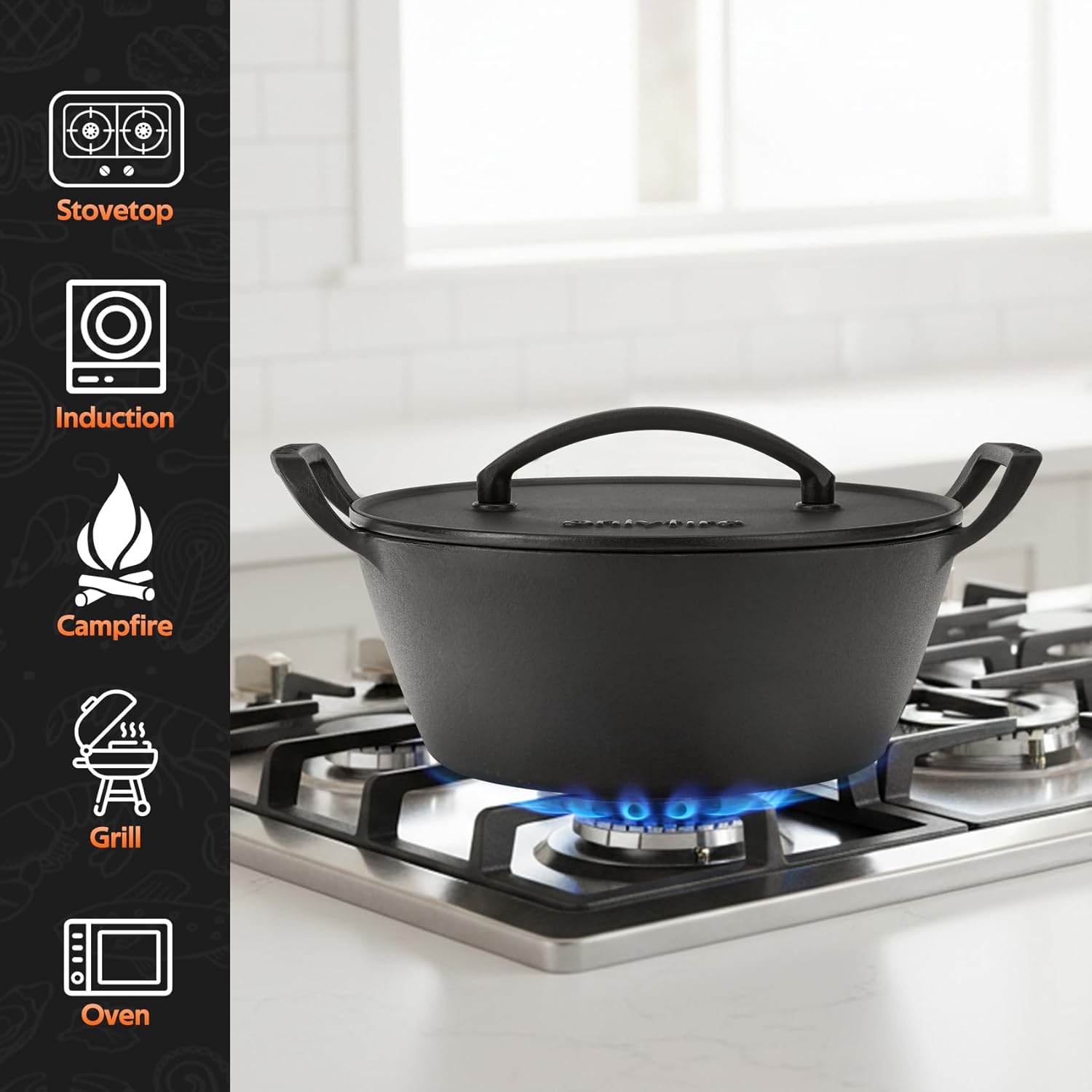 Onlyfire Cast Iron Dutch Oven, Pre Seasoned Dutch Oven Pot with Lid & Handle for Induction, Gas & Oven and Campfire, Cast Iron Skillet Cookware for Bread, Frying, Baking, 5.5 Quart