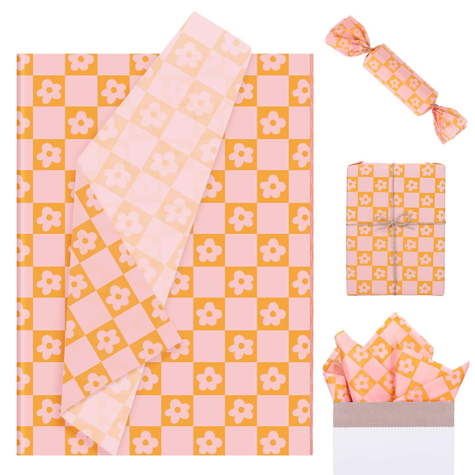 JarThenaAMCS 100 Sheets Boho Daisy Plaid Tissue Paper Pastel Floral Checkered Gift Wrapping Paper Retro Orange Pink Flower DIY Art Craft Tissue Paper for Wedding Birthday Baby Shower Bouquet