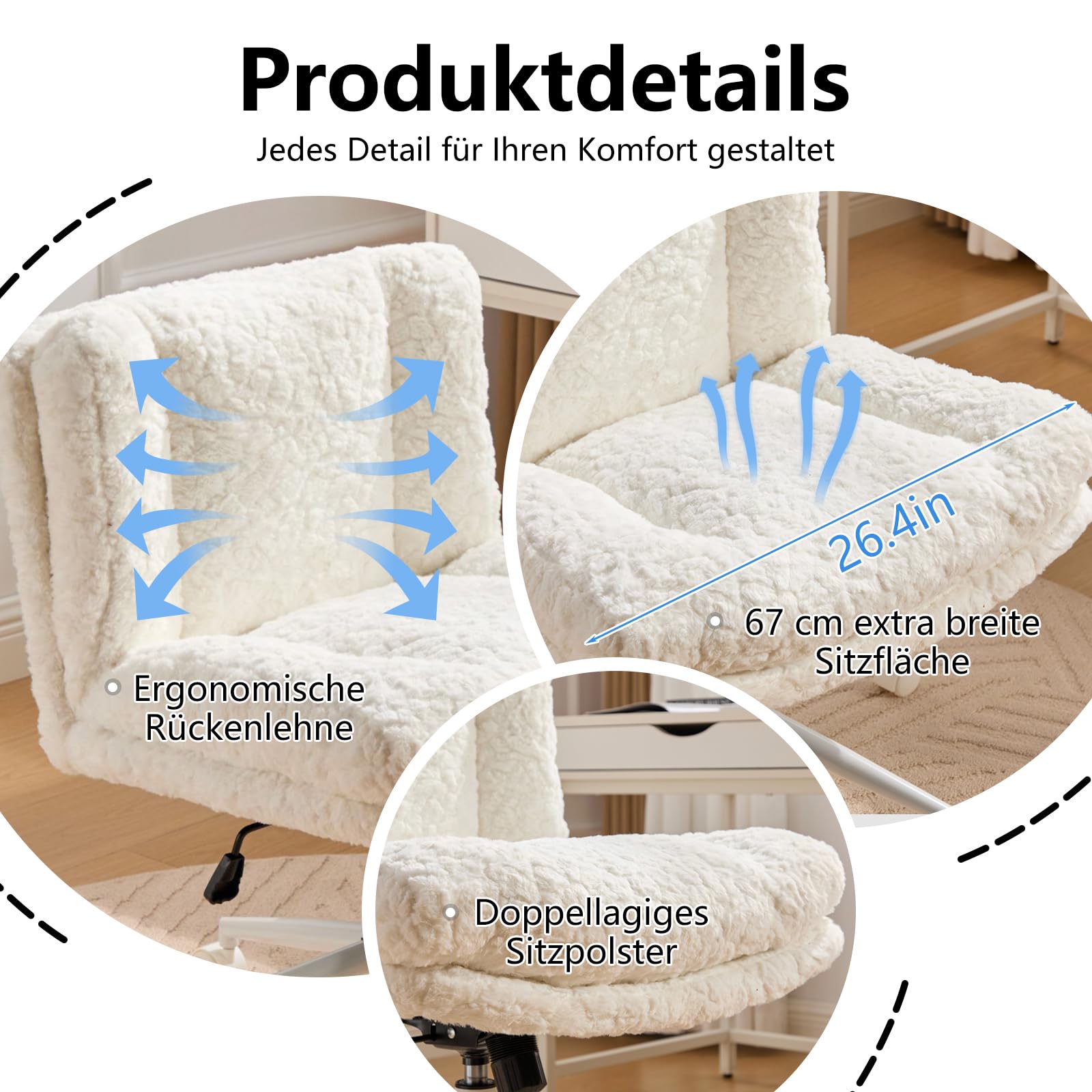 Shenyon Bürostuhl ohne Armlehne, Schneidersitz Stuhl mit Rollen, höhenverstellbar & drehbar, 2 lagige Polsterung mit Rückenlehne, als Homeoffice Stuhl, Schminktisch Stuhl, Schreibtischstuhl, Creme