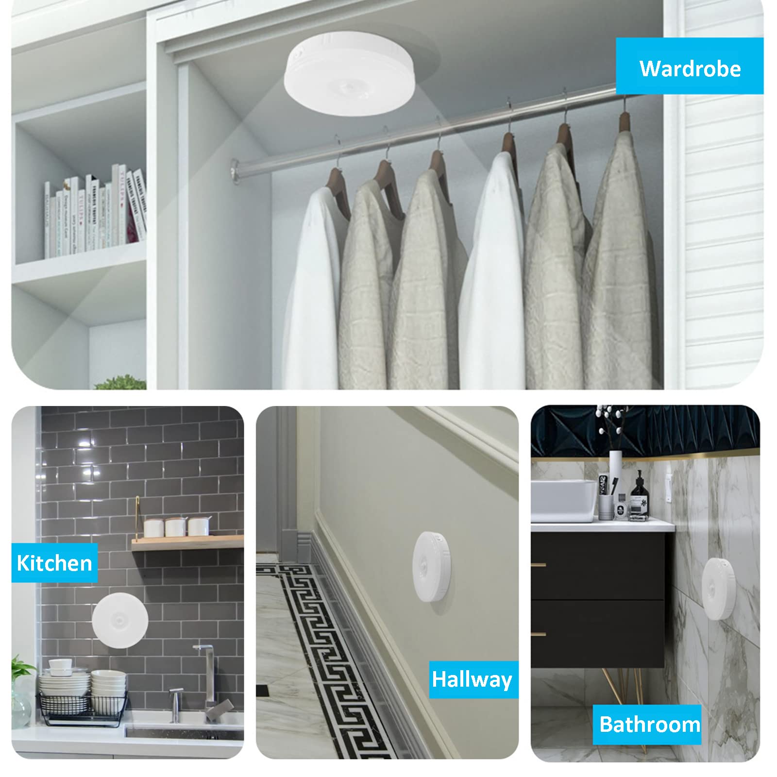 Luz Con Sensor De Movimiento, Luces LED De Cocina Bajo Mueble, Luz Nocturna Infantil, Lampara USB Recargable Para Escalera, Pasillo, Sótano, Cocina, Gabinete, 6 Pack Luces LED Para Armario,Blanco