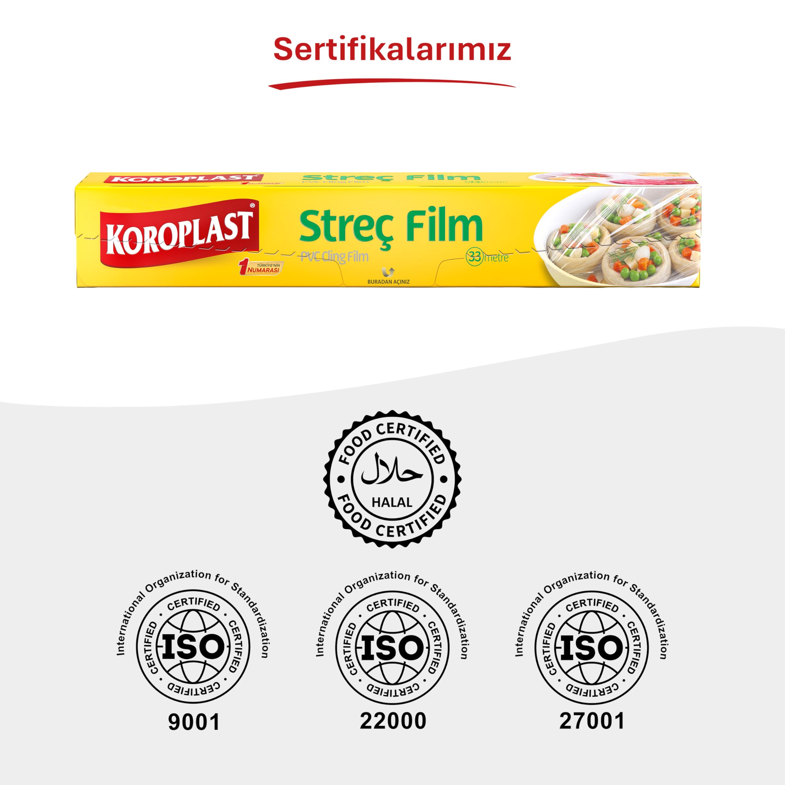 Koroplast Streç Film 33 metre, Şeffaf Gıda Saklama Streci BPA İçermez, Koku Hapsi, Kapak Görevi Gören Pratik Kullanım, Taze Kahvaltılık, Yemek, Meyve ve Sebze Saklama için Kullan At Streç Film 33 mt
