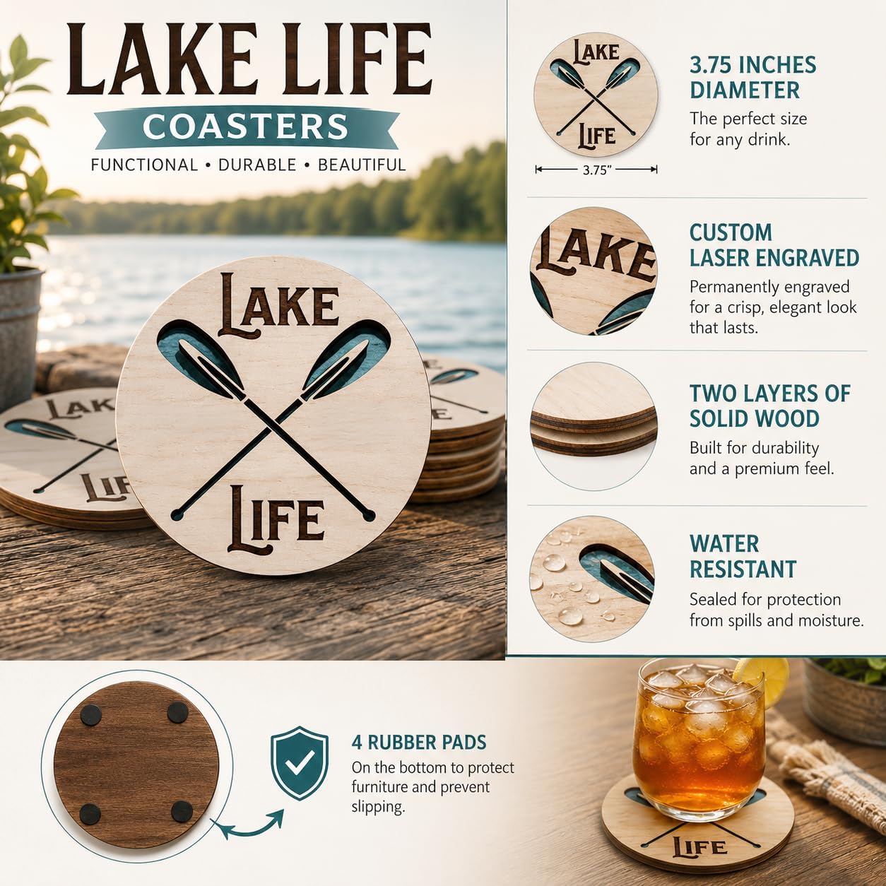 Set of 4 Lake Life Wood Coasters, Lake House Houseboat Party Decor, Housewarming Gift, Father's Day, Laser Engraved 3D Beverage Bar Coaster