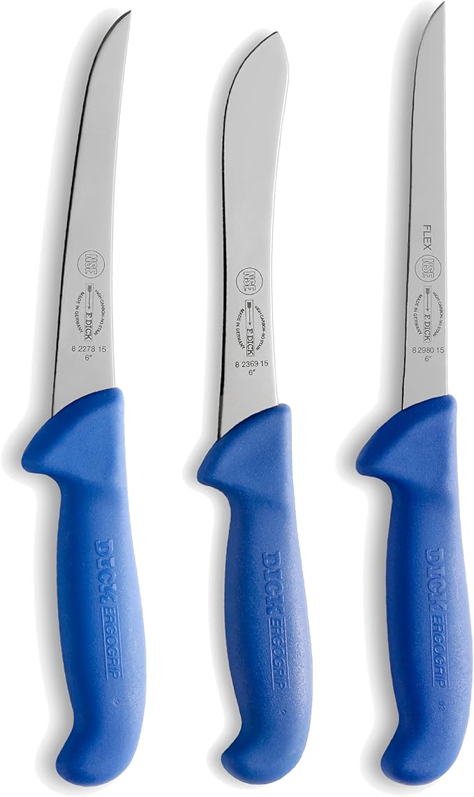 F. DICK Messer Set ErgoGrip 3-teilig (Ausbeinmesser 15 cm „flexibel“, A. Messer 15 cm, Sortiermesser 15 cm, HRC 56°) 82559100, Blau