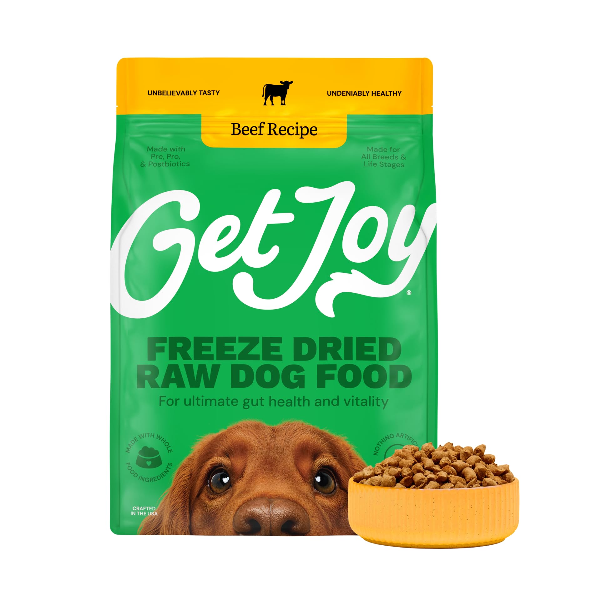 Get Joy Freeze Dried Raw Beef Meal, High Protein Grain Free, Dry Dog Food Meal Mixer and Topper, with Probiotics for Gut Health, Made with 100% USDA Organ Meat, for All Breeds and Ages, 32oz Bag