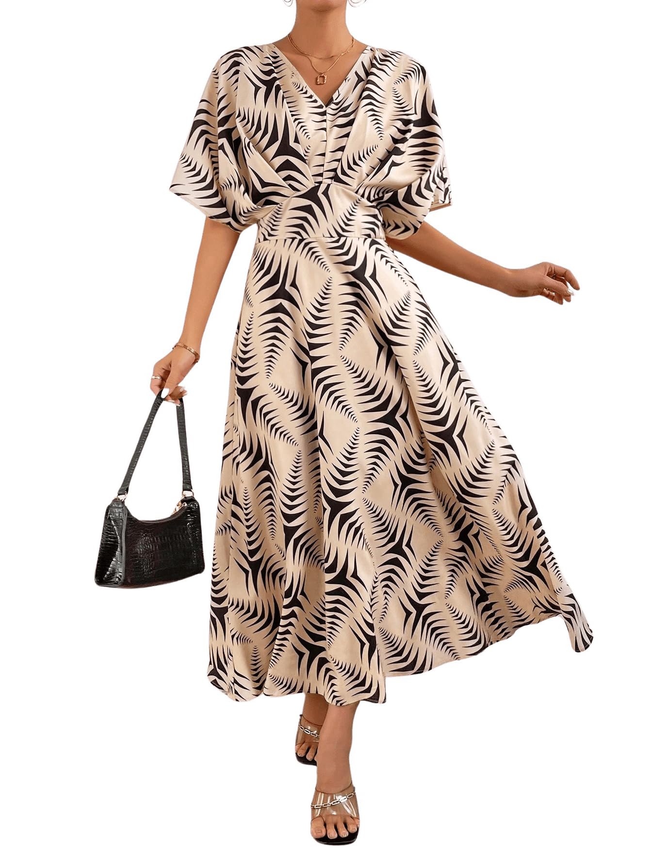 Floerns Women's V Neck Half Sleeve Ruched Cocktail Evening A Line Long Dress