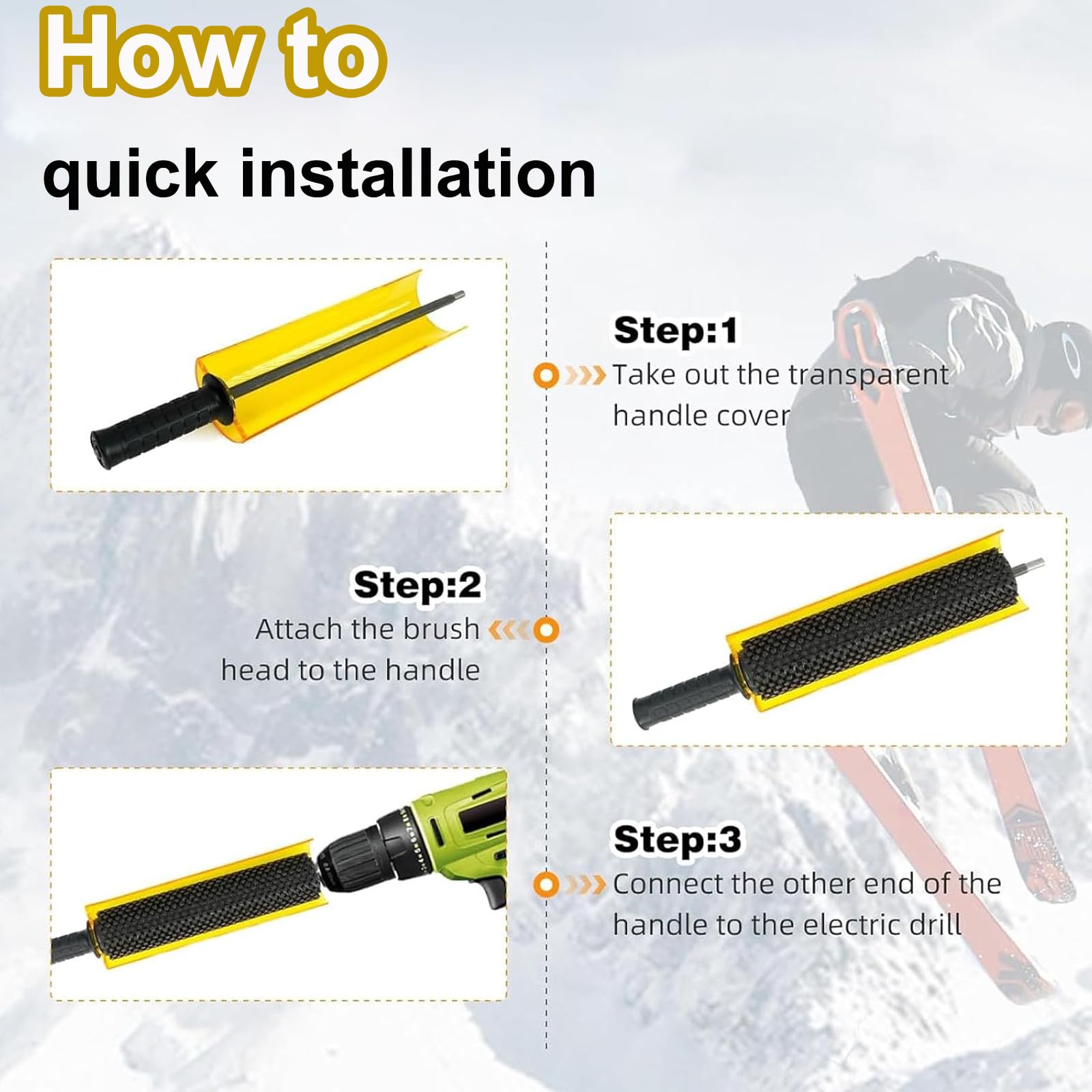 Ski Roto - Kit de cepillo para encerar, eje de mango, 3 cepillos, cubierta desmontable, uso en taladro eléctrico