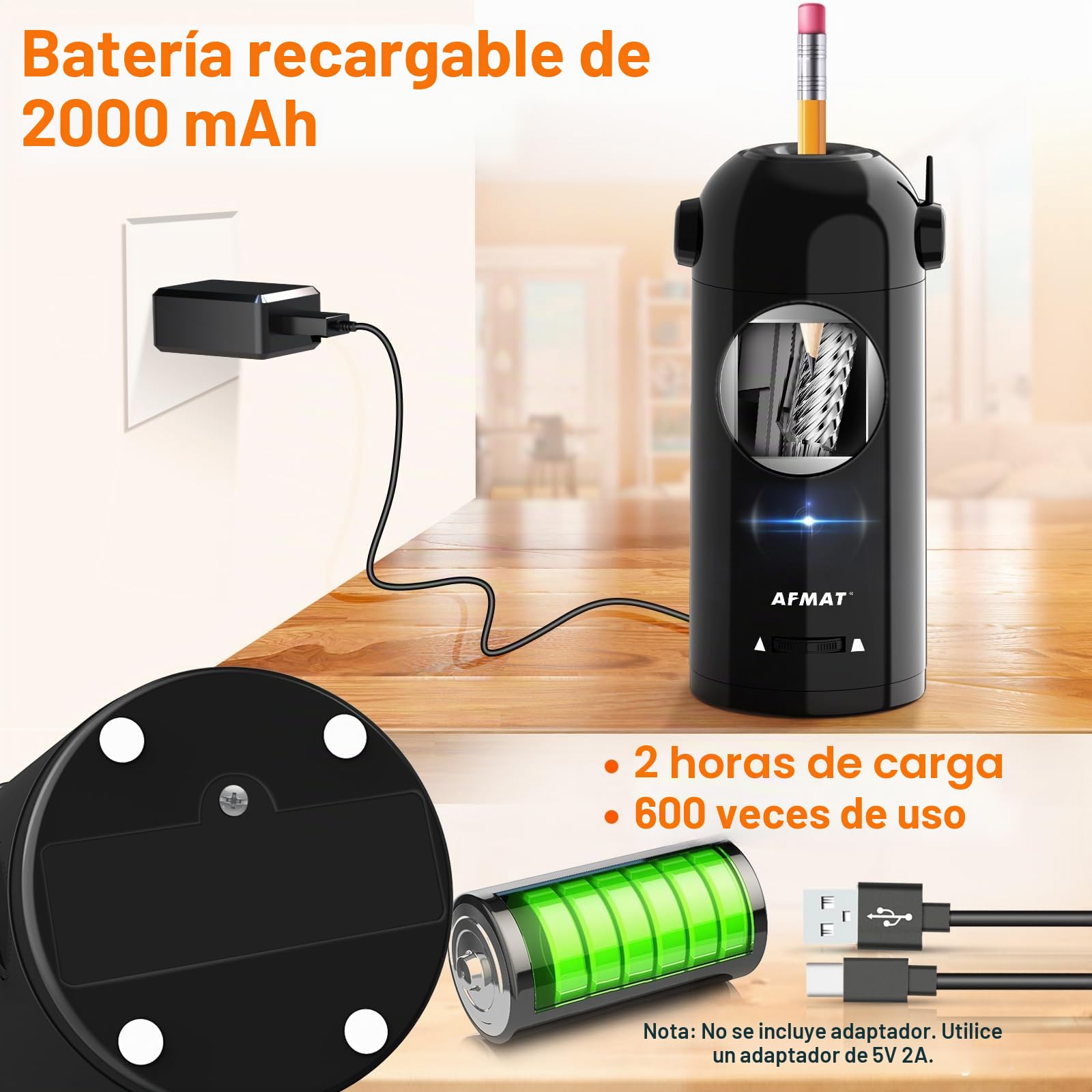 AFMAT Sacapuntas eléctrico completamente automático con recipiente, sacapuntas eléctrico para lápices de 7 – 11,5 mm, portátil y seguro, sacapuntas recargable para casa, oficina, escuela, color negro