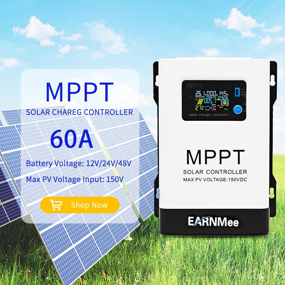 60A MPPT Solar Charge Controller, 18-150VDC PV Input, 12V/24V/48V Adjustable Output(Manual), Ideal for RV, Large Solar Systems, Compatible with Mono/Poly Panels & Lead-Acid/Lithium Batteries