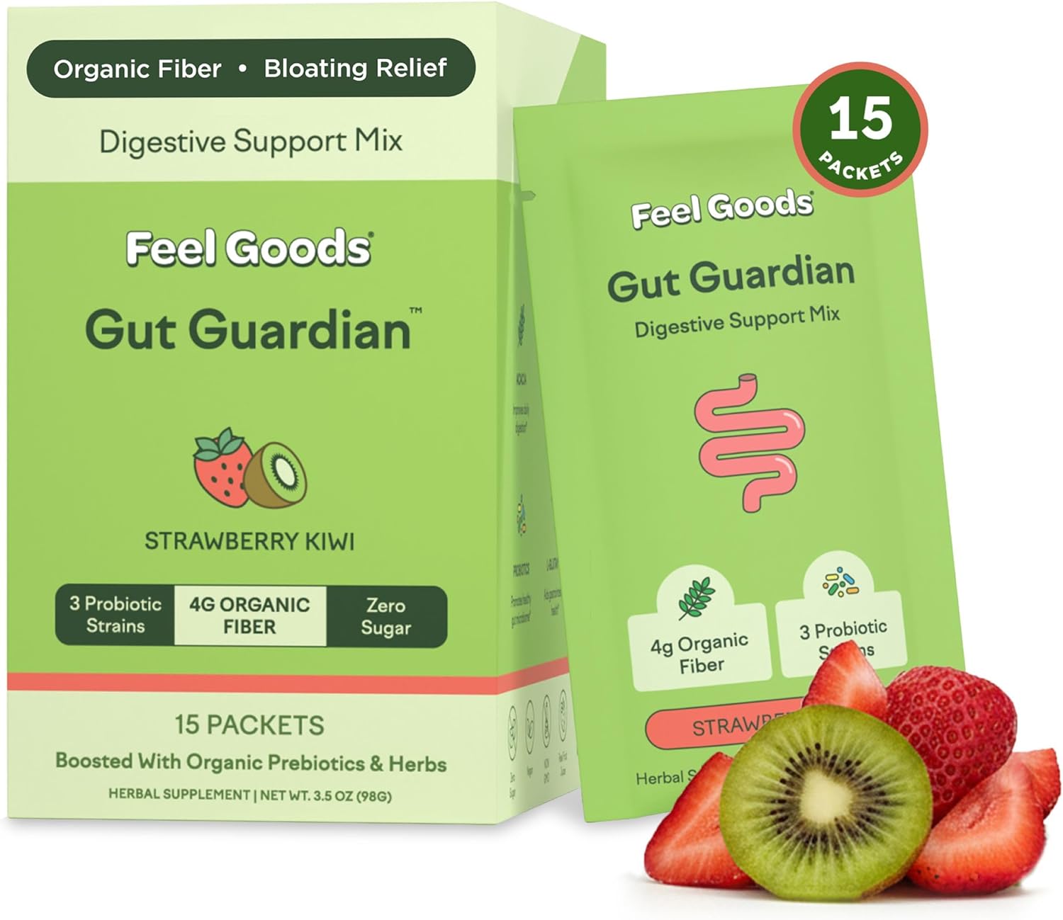 Feel Goods Gut Guardian, Digestive Health Powder Packets - Probiotic Fiber Powder with Prebiotics & L Glutamine for Gut Health, Bloating Relief & Digestion Support - Zero Sugar & Organic Flavor