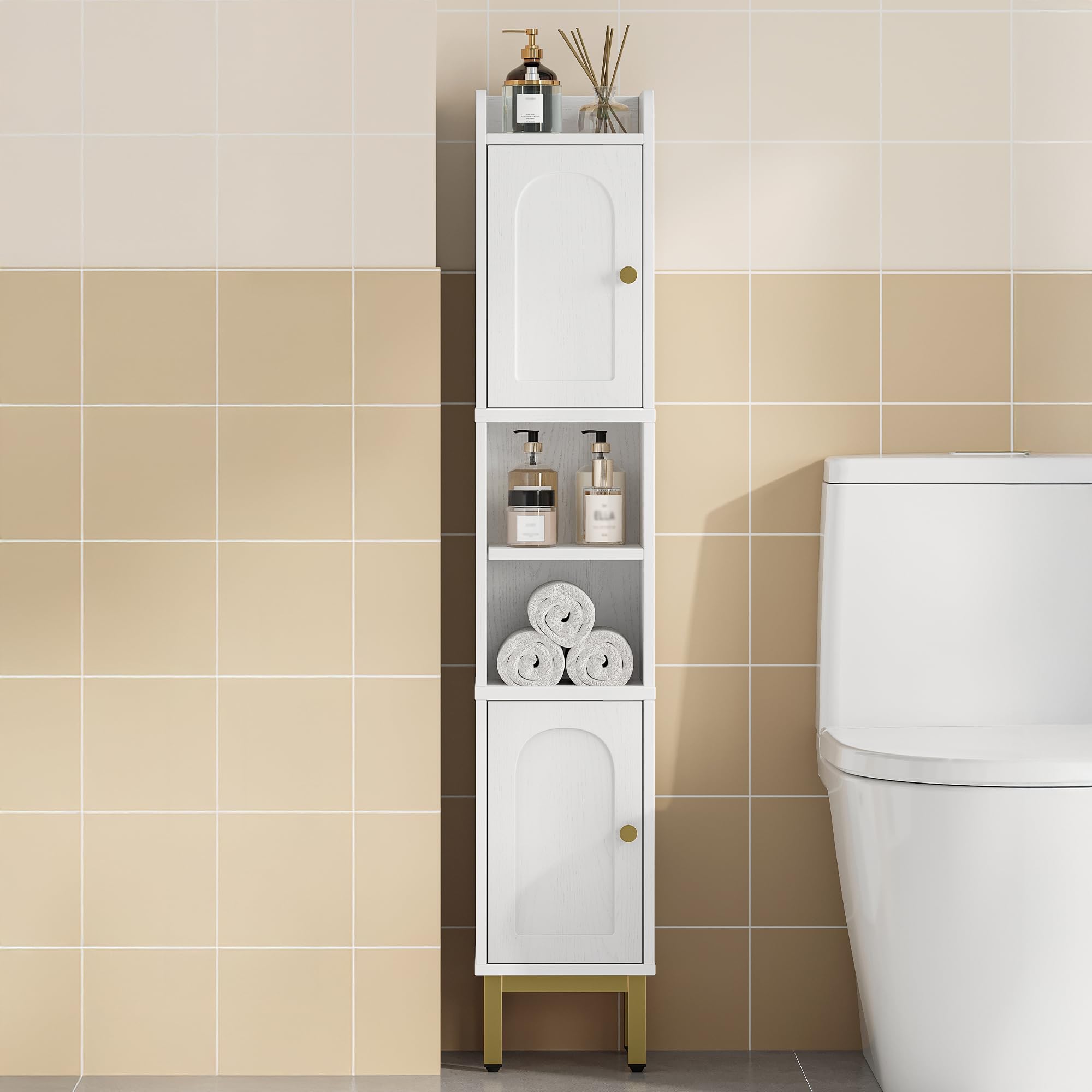 Hzuaneri Bathroom Storage Cabinet, Slim Bathroom Floor Cabinets with 2 Door and Adjustable Shelf, Freestanding Corner Storage Unit, Narrow Toilet Paper Cabinet for Small Spaces, White, BC22413G