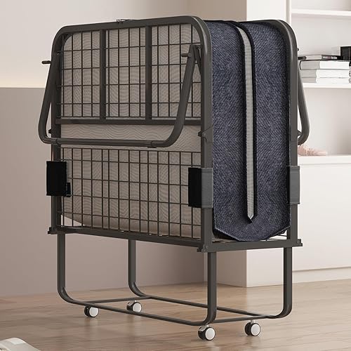 PUREMIND Folding Bed with Mattress for Adults, Portable Folding Bed with 4" Foam Mattress, Rollaway Guest Beds with Metal Frame, Twin Size Foldable Bed Space Saving (Upgraded Black)