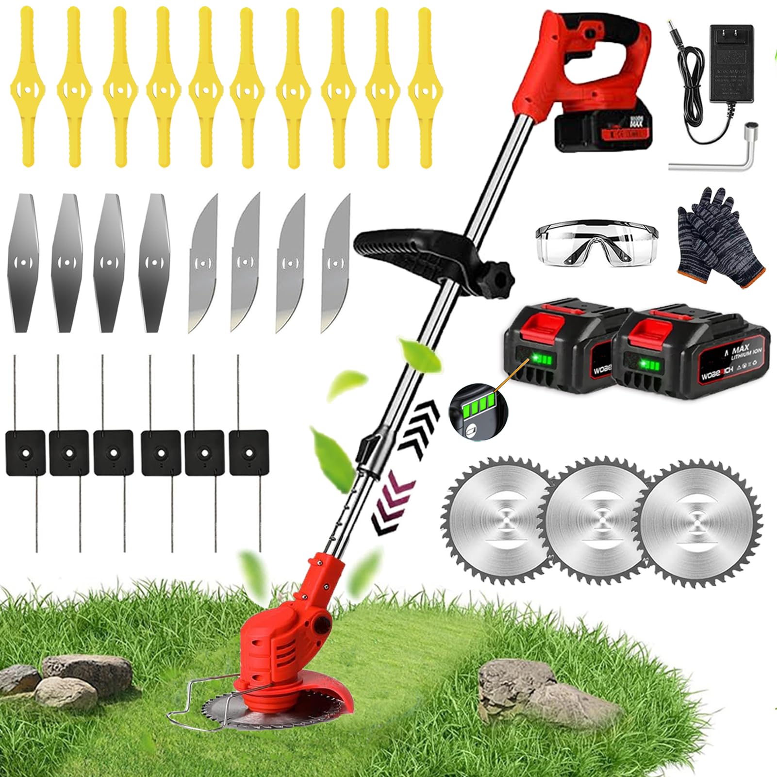 Cordless Grass Trimmer, Telescopic Electric Weed Wacker,Electric Garden Strimmer Grass Cutter for Lawn Edger Pruning Weed,Lightweight Lawn Mower,Suitable for Garden Lawn shrub（red）