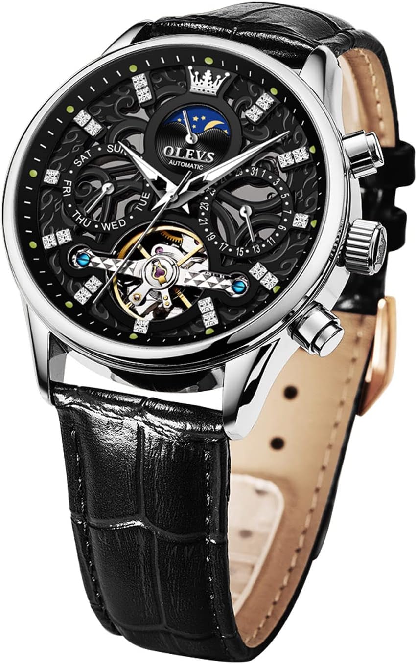 OLEVS Men Skeleton Watch Automatic Mechanical Dress Casual Brown Black Leather Moon Phase Luminous Waterproof Wrist Watches