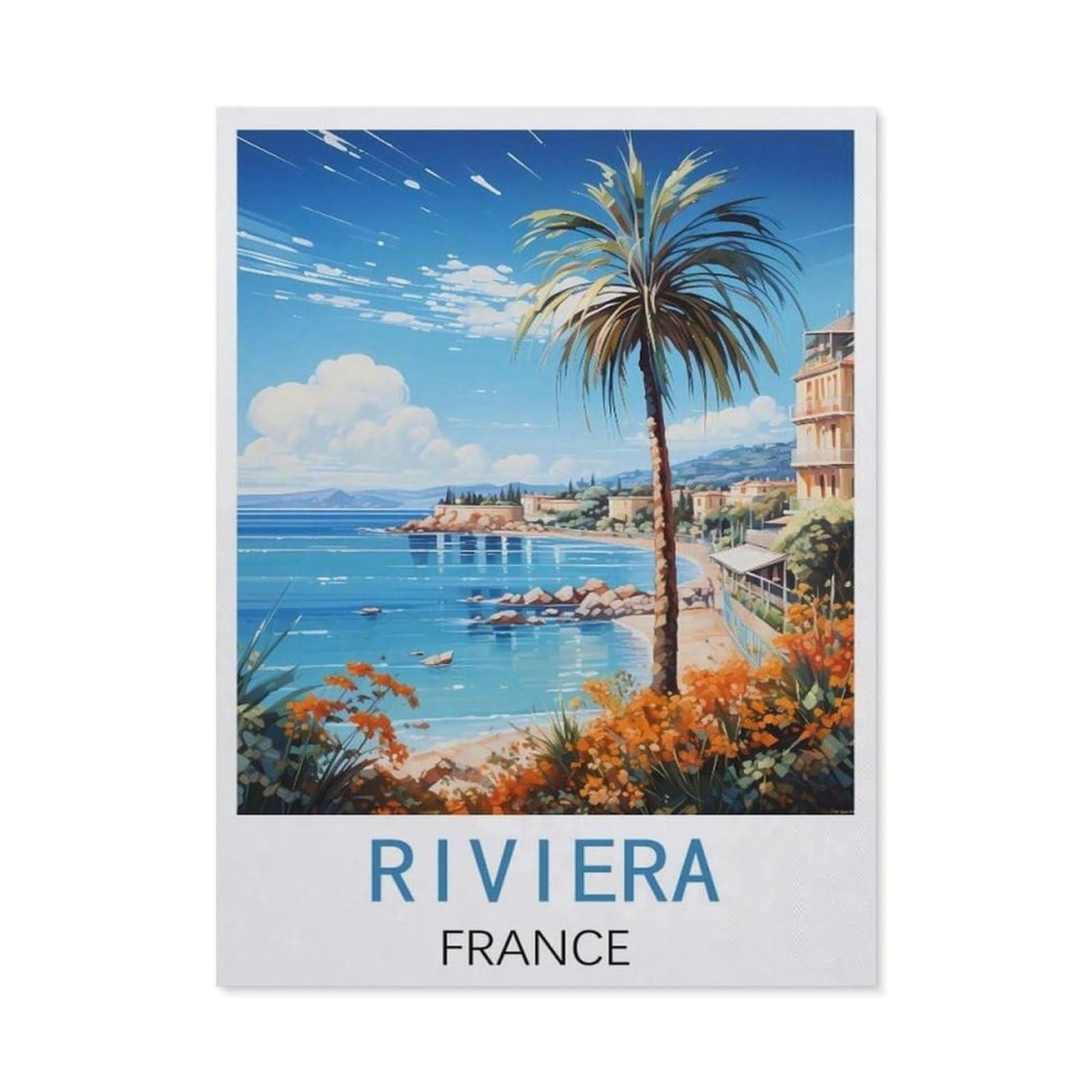 BEAYODKP Riviera France Vintage Travel Posters，5D DIY Diamond Painting Full Round Drill Diamond Embroidery Cross Stitch Rhinestone Mosaic Paintings Art（40 x 50 cm/15.74 x 19.68 inches）-BY62