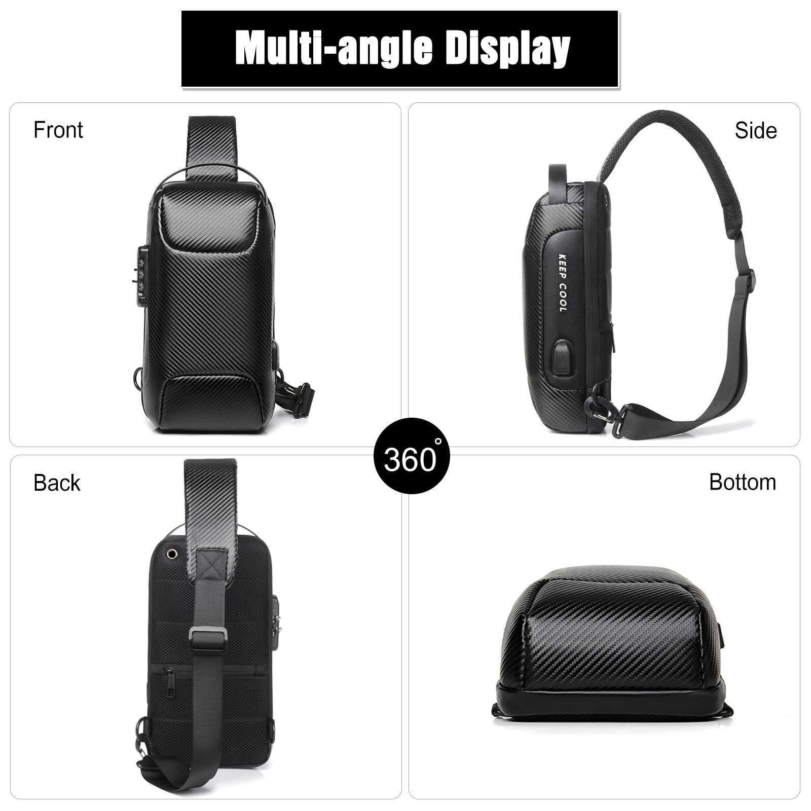 FANDARE Antifurto Zaino Monospalla Uomo Borse piccole a tracolla con USB Business Borsa a Spalla Impermeabile Stile auto sportive per Scuola Outdoor Ciclismo Viaggio Multitasche Piccolo Zaino Nero A